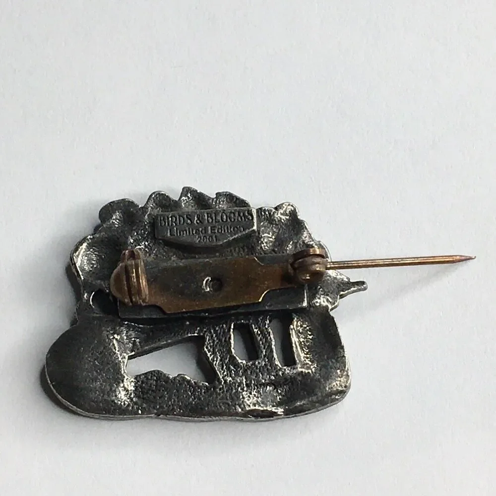 Birds & Blooms Brooch Pin‎ Pewter Flower Wheelbarrow Granny Cottage Fairycore